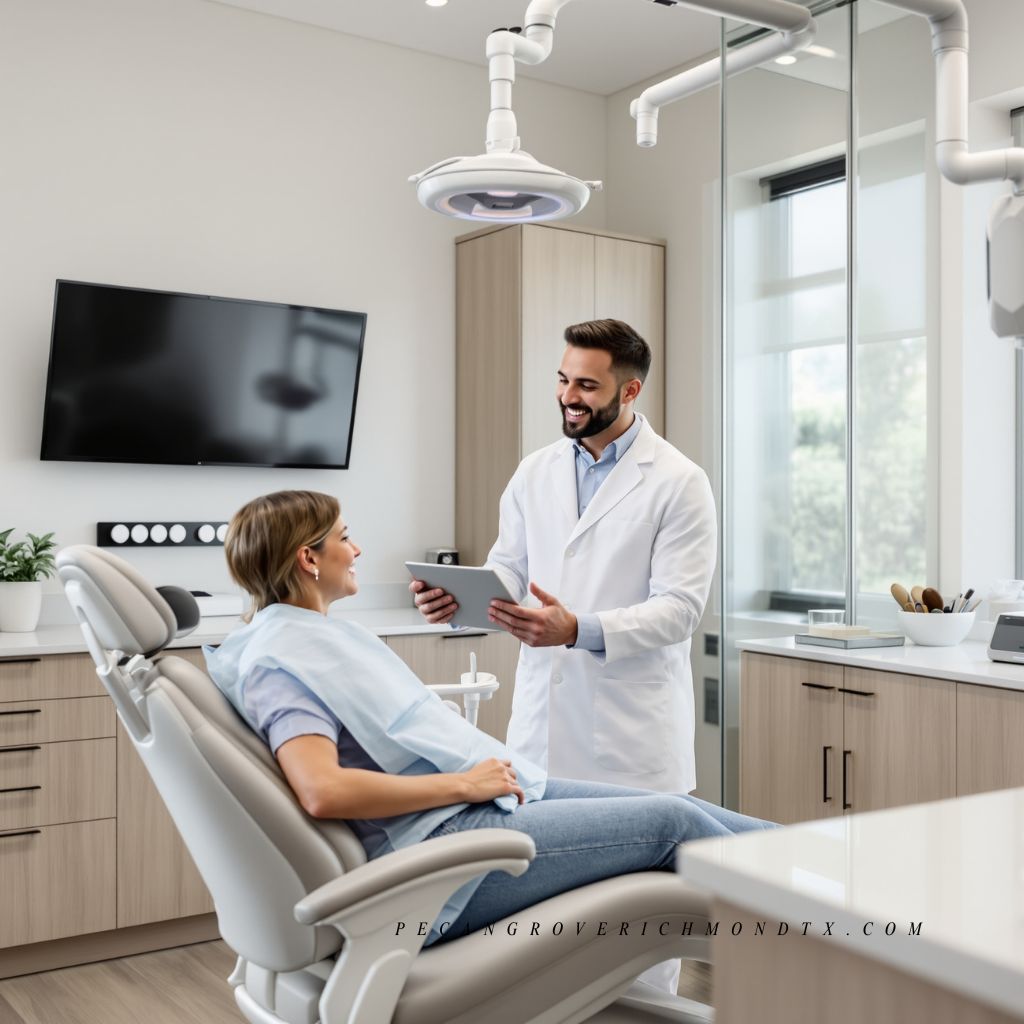 Dentist providing gentle, modern dental care to a patient at Pecan Grove Dental in Richmond, Texas