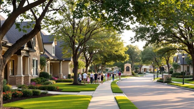 Tree-lined residential neighborhood in Pecan Grove, Richmond, Texas with well-maintained homes and families enjoying community living