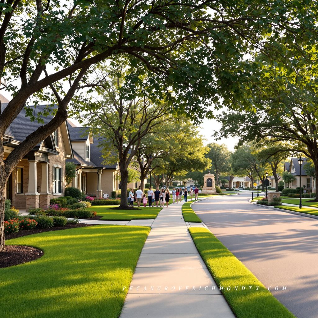 Tree-lined residential neighborhood in Pecan Grove, Richmond, Texas with well-maintained homes and families enjoying community living