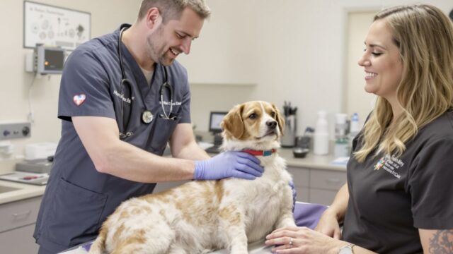 Veterinarian providing gentle care to a dog at Pecan Grove Veterinary Clinic in Richmond, Texas