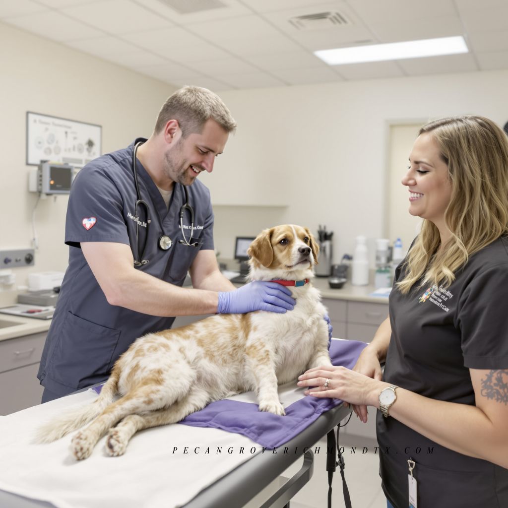 Veterinarian providing gentle care to a dog at Pecan Grove Veterinary Clinic in Richmond, Texas