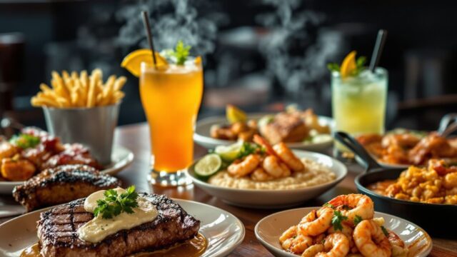 Interior of a Cajun-American bar and grill in Richmond, Texas featuring gourmet steaks, burgers, shrimp and grits, and a lively dining atmosphere