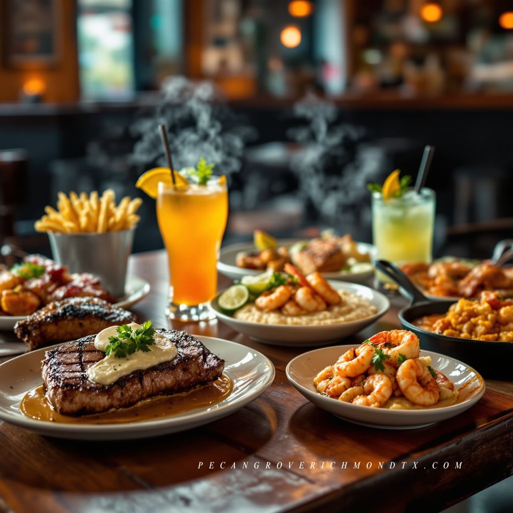 Interior of a Cajun-American bar and grill in Richmond, Texas featuring gourmet steaks, burgers, shrimp and grits, and a lively dining atmosphere