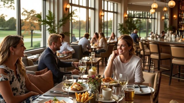 Guests enjoying contemporary American cuisine at The Turn restaurant inside The Club at Pecan Grove in Richmond, Texas