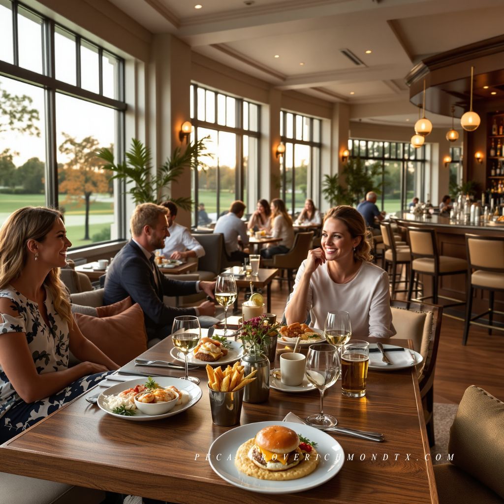 Guests enjoying contemporary American cuisine at The Turn restaurant inside The Club at Pecan Grove in Richmond, Texas