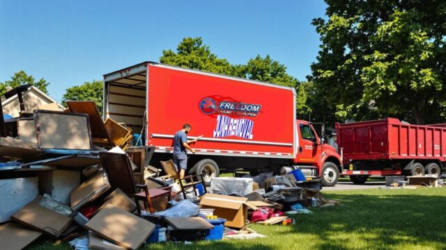 Truck from Freedom Junk Removal in Pecan Grove hauling material from residential garage