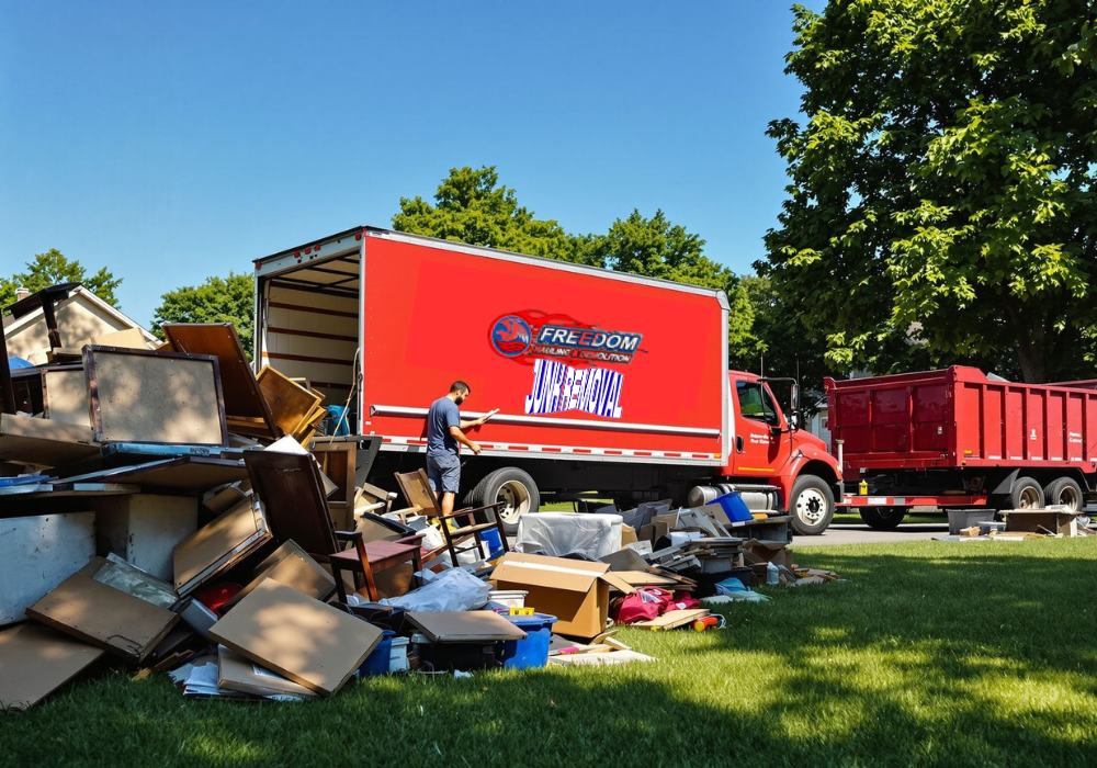 Truck from Freedom Junk Removal in Pecan Grove hauling material from residential garage