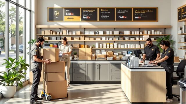 Customers receiving shipping and business services at Pecan Grove Postal in Richmond, TX with packing supplies, mail carriers, and notary support