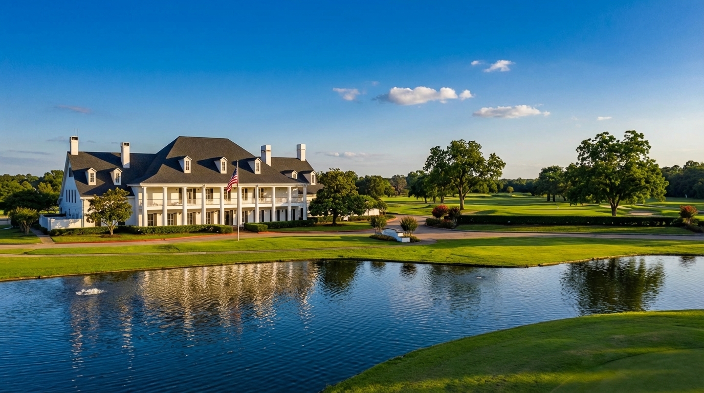 The Pecan Grove clubhouse and golf course beside the water